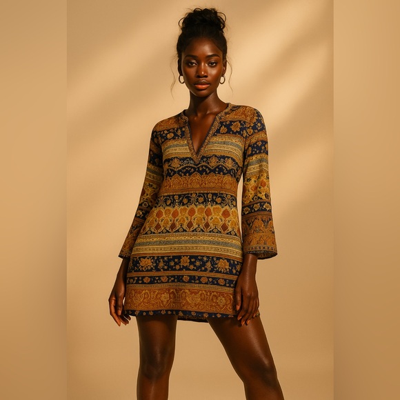 Paper Crane Tops - Paper Crane Medallion Print Long Sleeve V-Cut Neckline Tunic - Size M